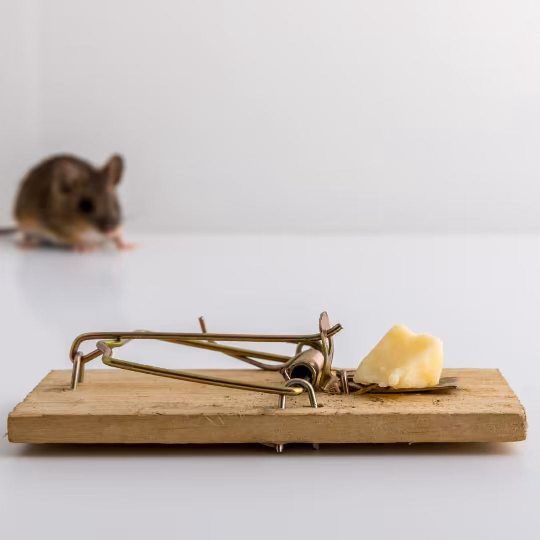Mouse trap with a mouse in the background