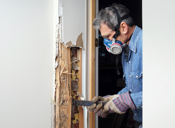 Man prying sheetrock and wood damaged by termite infestation in house.