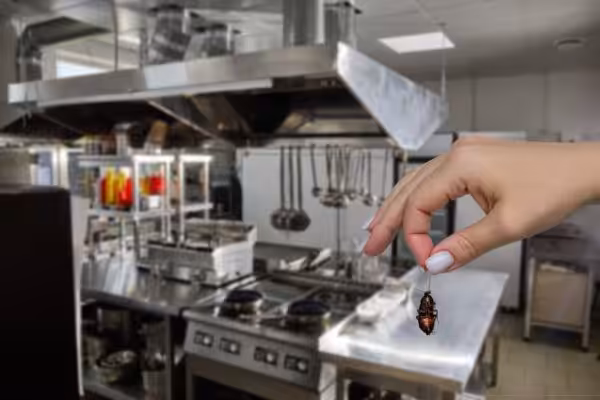 Female hand holding a dead cockroach over blurred background of restaurant modern kitchen